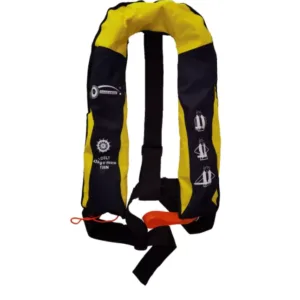Automatic inflatable lifejacket with 150N buoyancy, MED certified, designed for marine safety.