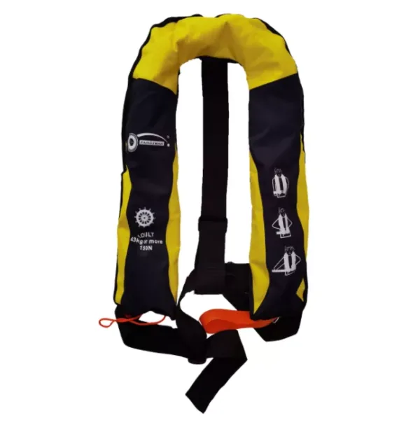 Automatic inflatable lifejacket with 150N buoyancy, MED certified, designed for marine safety.