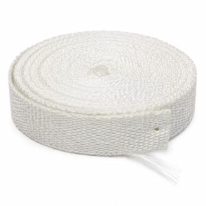 White woven fiberglass tape roll for thermal insulation, fire protection, pipe wrapping, and marine industrial applications.