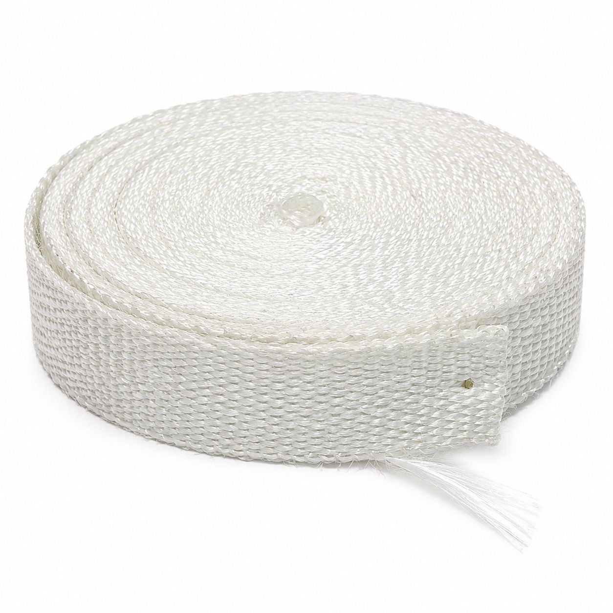 White woven fiberglass tape roll for thermal insulation, fire protection, pipe wrapping, and marine industrial applications.