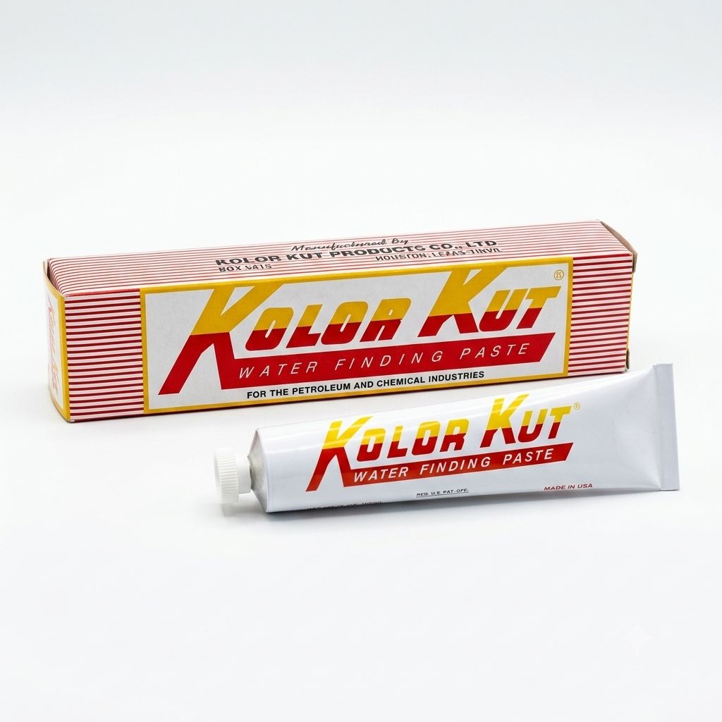 A tube of Kolor Kut Water Finding Paste positioned in front of its red-and-white striped product packaging box, displayed on a clean white background.