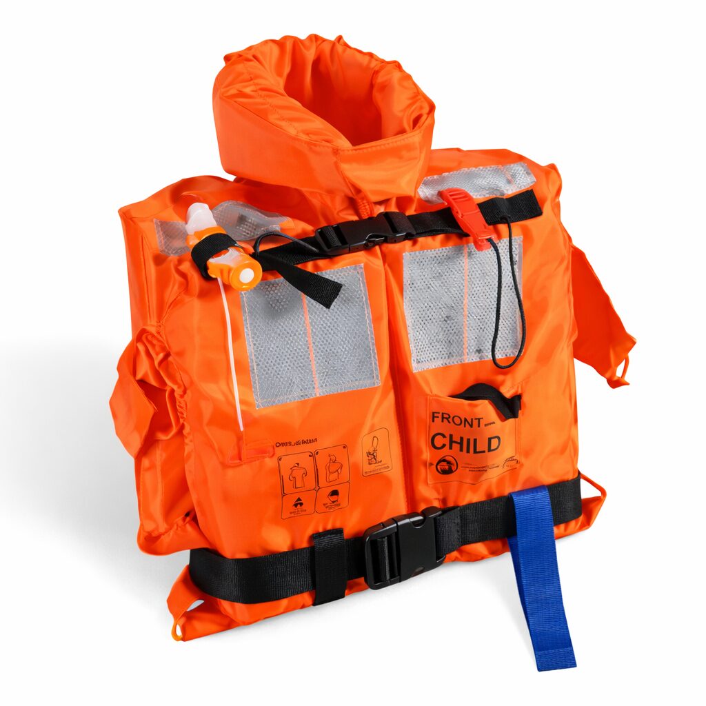 child life jacket orange SOLAS marine safety vest with reflective panels, whistle, and adjustable straps isolated on white background