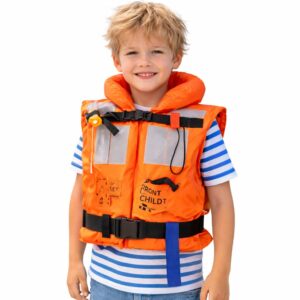child life jacket orange marine safety vest with reflective panels and safety straps isolated on white background