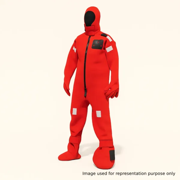 Swiz Tech red emergency survival suit for offshore use.