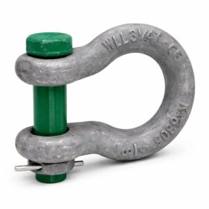 Bow shackle with green pin heavy duty lifting shackle for rigging, marine lifting operations, and load securing applications