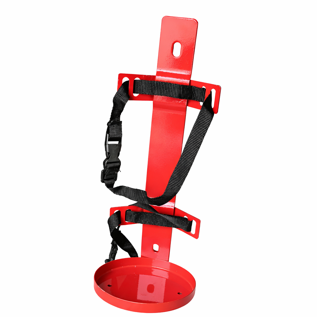 L-shape fire extinguisher bracket wall mount holder for portable fire extinguishers used in marine, offshore, and industrial safety installations