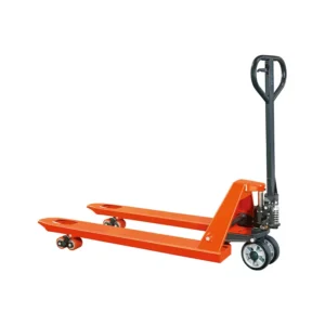 Hand pallet truck lifting boxes in warehouse