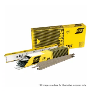 ESAB OK welding electrodes VacPac packaging with yellow ESAB box and welding rods displayed for industrial welding applications.