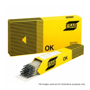 ESAB OK welding electrodes in yellow ESAB branded box with electrode rods visible, used for industrial welding applications.