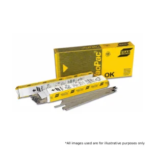 ESAB OK welding electrodes VacPac packaging with yellow ESAB box and welding rods displayed on a white background.