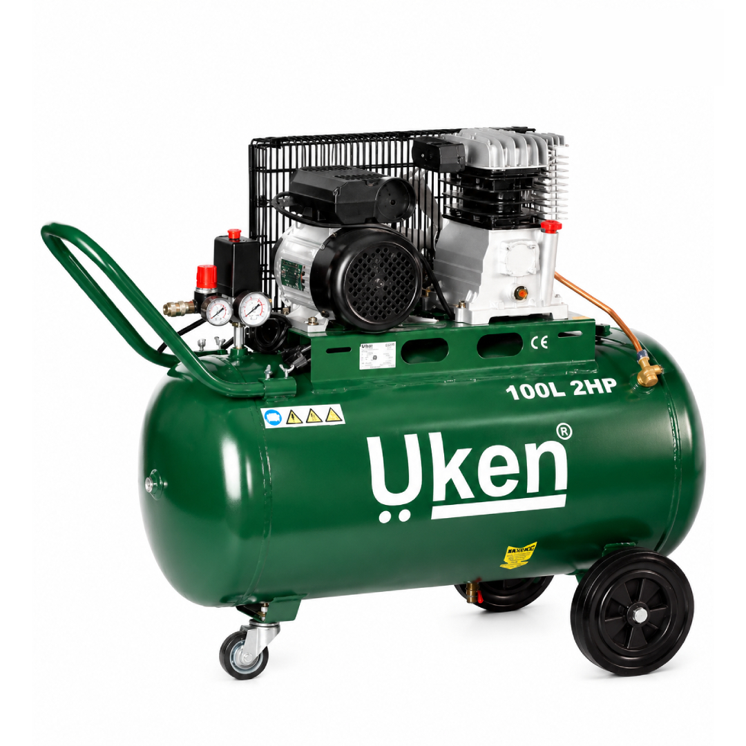 UKEN Air Compressor 100LTR 2HP heavy-duty portable air compressor with 100-liter tank and wheels for industrial and workshop applications.
