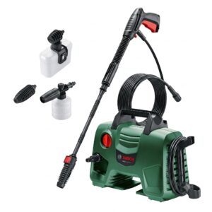 A green Bosch corded high-pressure washer with black and red accents, featuring an integrated spray gun handle.