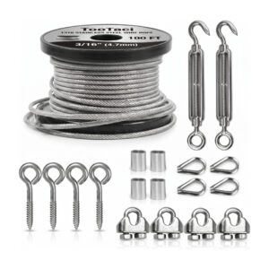 100ft 3/16 inch stainless steel wire rope kit with M6 hook and eye turnbuckles, cable clamps, thimbles, aluminum crimping loop sleeves, and eye screws